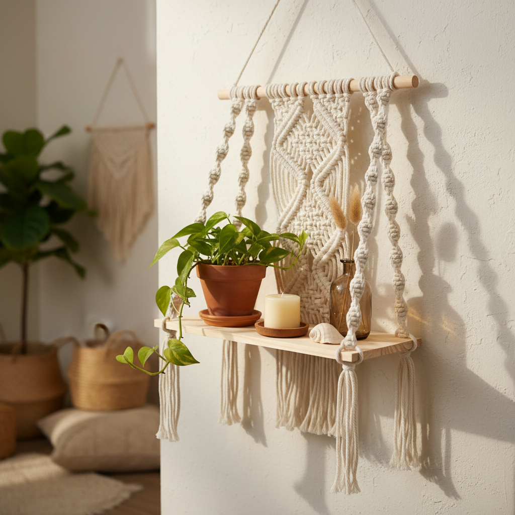 Décoration macramé polyvalente avec plantes succulentes bougies livres art mural fonctionnel
