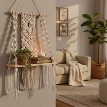 Décoration macramé suspension murale artisanale coton naturel étagère bois bohème chaleur