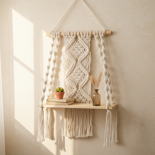 Décoration macramé suspension murale artisanale coton naturel étagère bois bohème