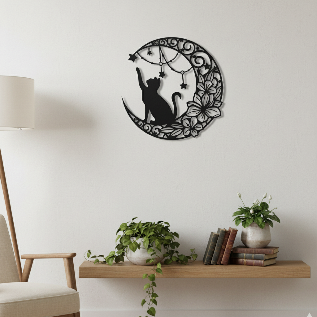 Décoration murale métal avec chat sur croissant de lune installée sur mur blanc