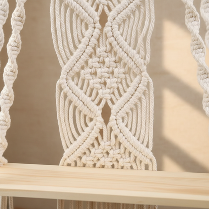 Détail décoration macramé montrant nœuds tressés artisanaux texture coton naturel