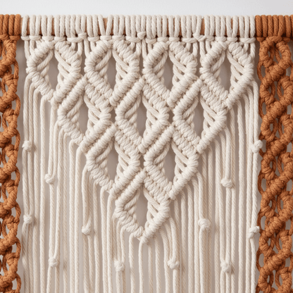 Détail décoration macramé montrant nœuds tressés main texture coton beige artisanat