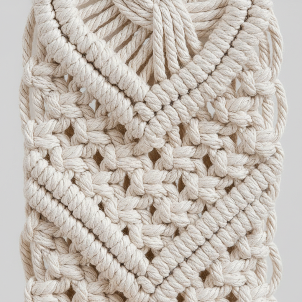 Détail décoration macramé montrant nœuds tressés main texture fibres coton artisanat qualité