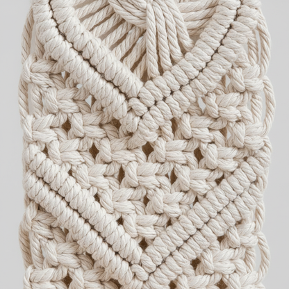 Détail décoration macramé montrant nœuds tressés main texture fibres coton artisanat qualité