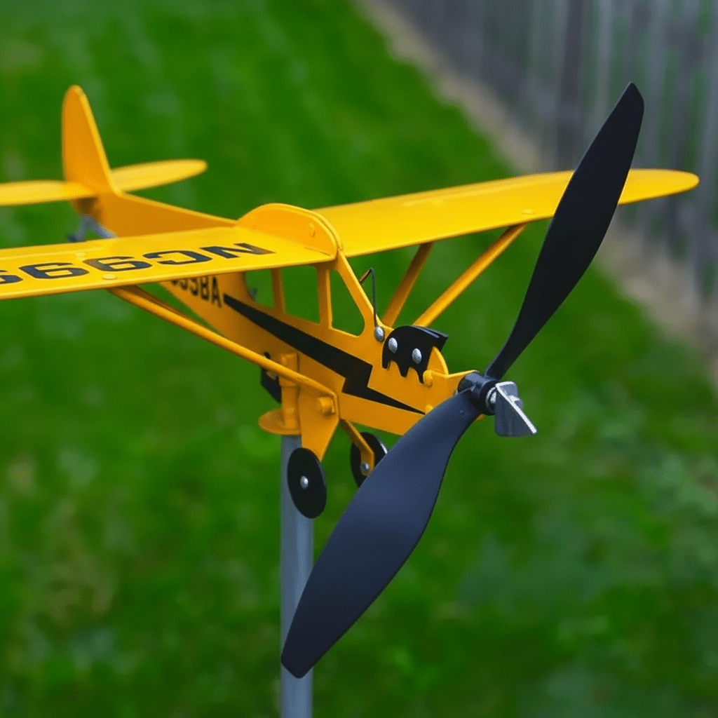 Détail de girouette de jardin avec hélice rotative et finition métallique peinte