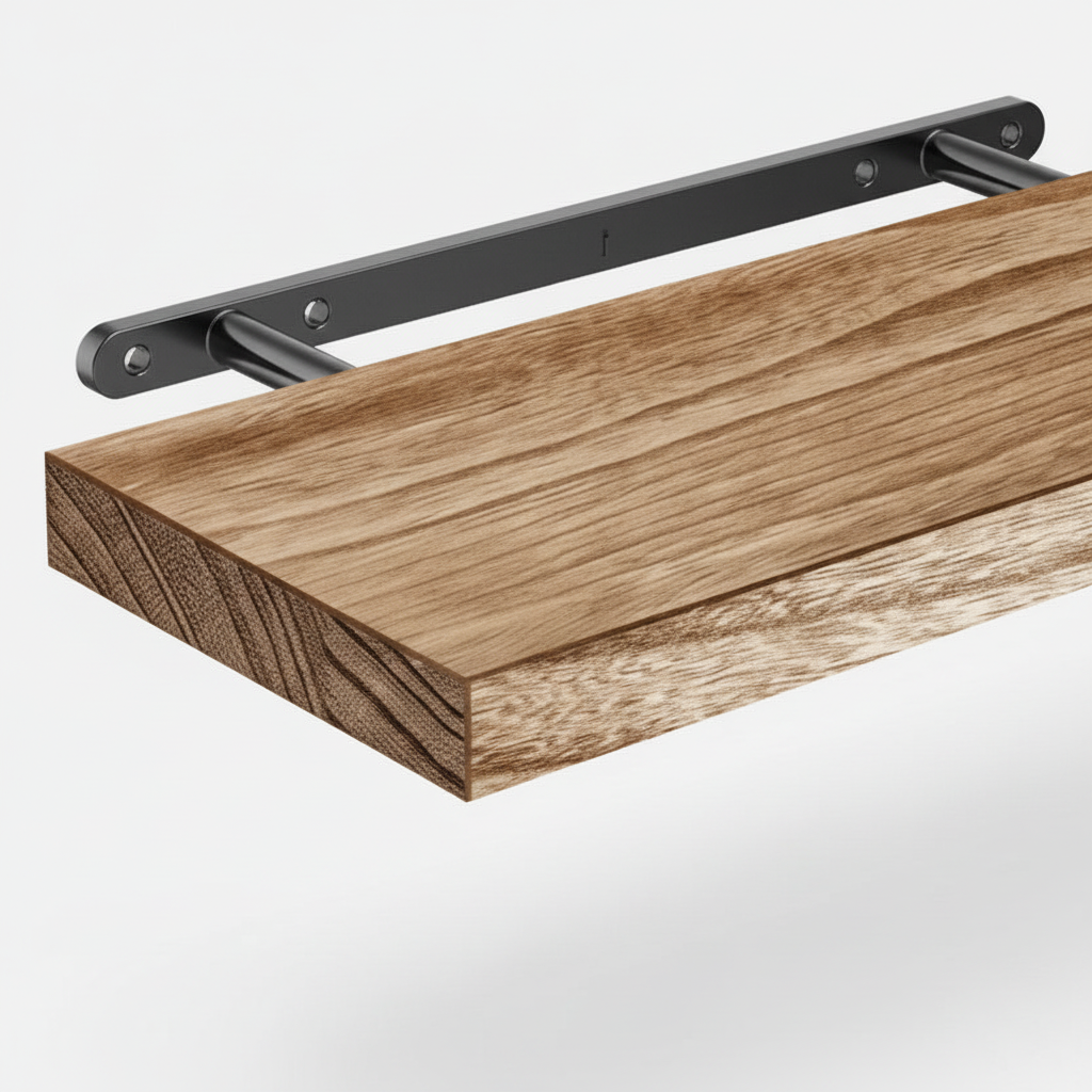 Détail etagere bois paulownia fixation invisible renforcement fer design minimaliste