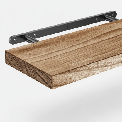 Détail etagere bois paulownia fixation invisible renforcement fer design minimaliste