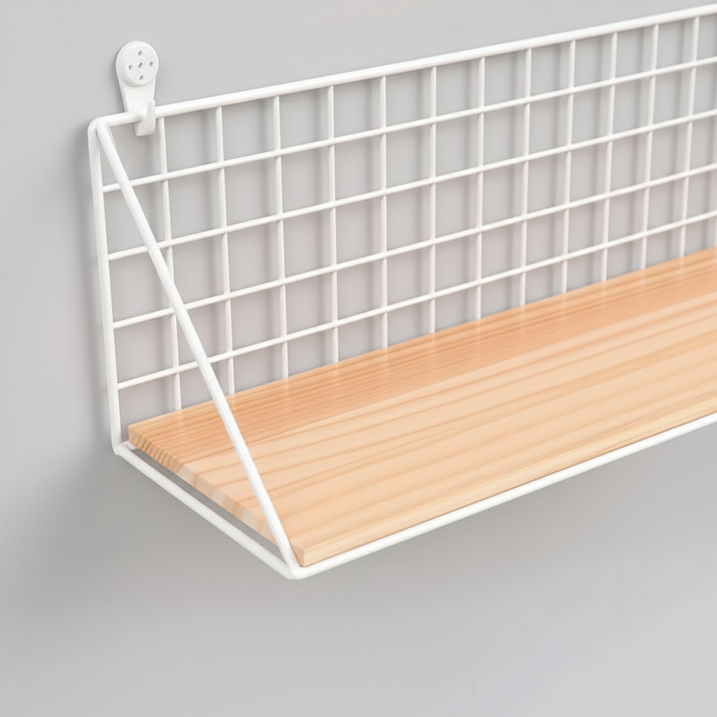 Détail etagere murale bois triangulaire design géométrique métal structure