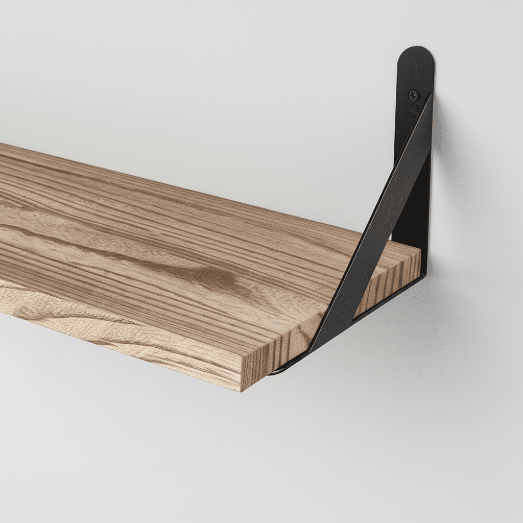 Détail etagere murale en bois pin support triangulaire acier inoxydable antirouille