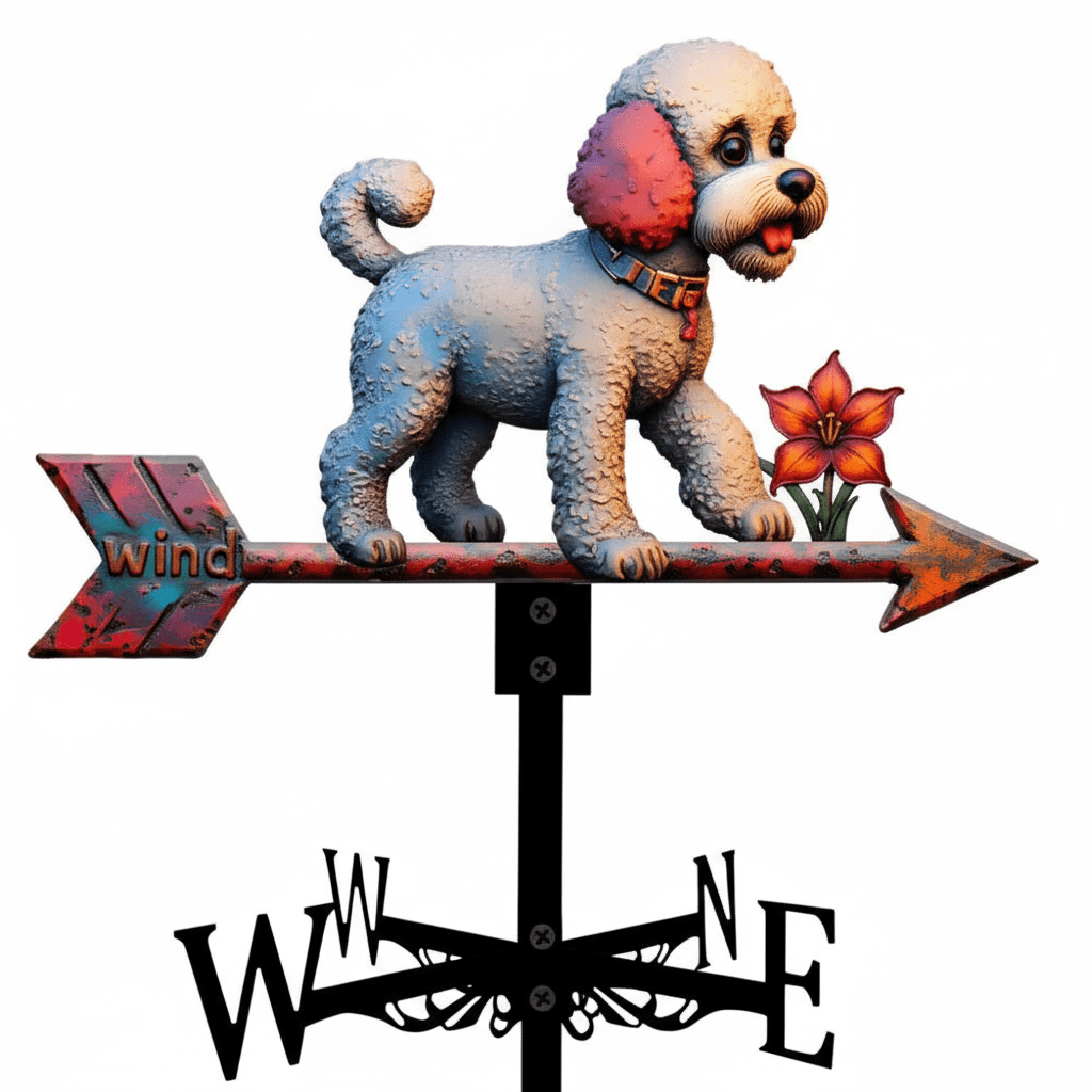 Détail girouette animal caniche métal silhouette raffinée avec système rotation roulements à billes