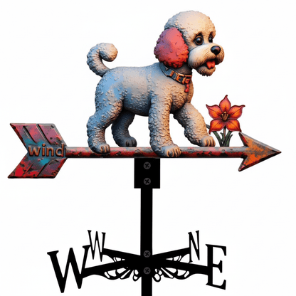 Détail girouette animal caniche métal silhouette raffinée avec système rotation roulements à billes