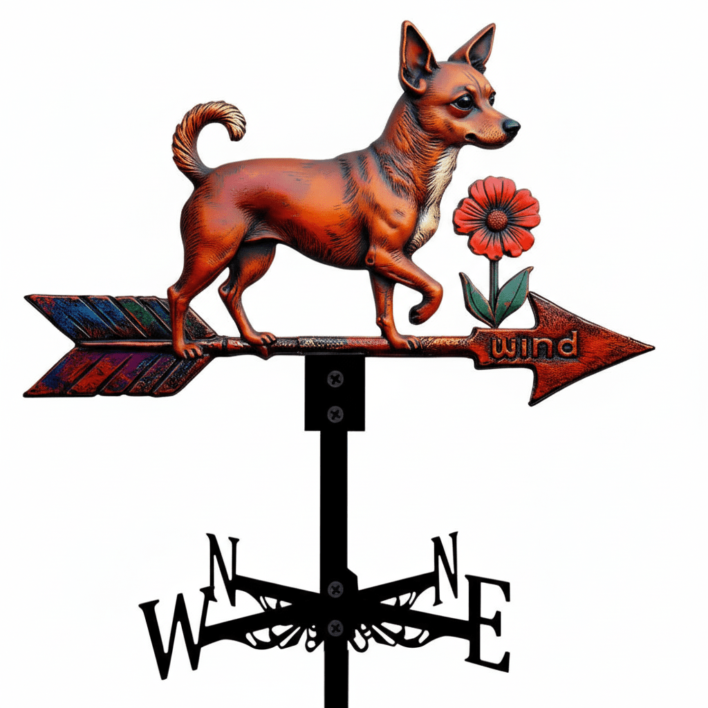 Détail girouette animal chihuahua métal silhouette compacte avec système rotation roulements à billes