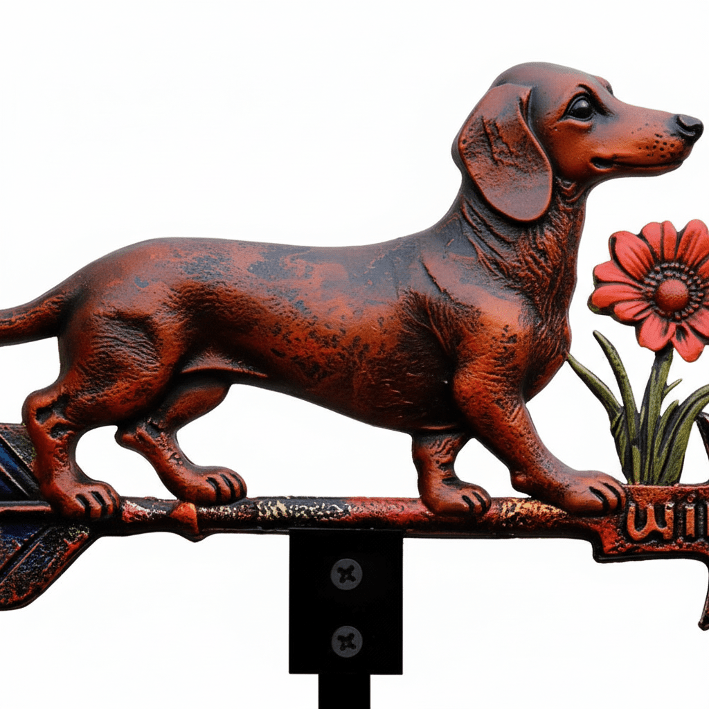 Détail girouette animal teckel métal silhouette allongée avec système rotation roulements à billes