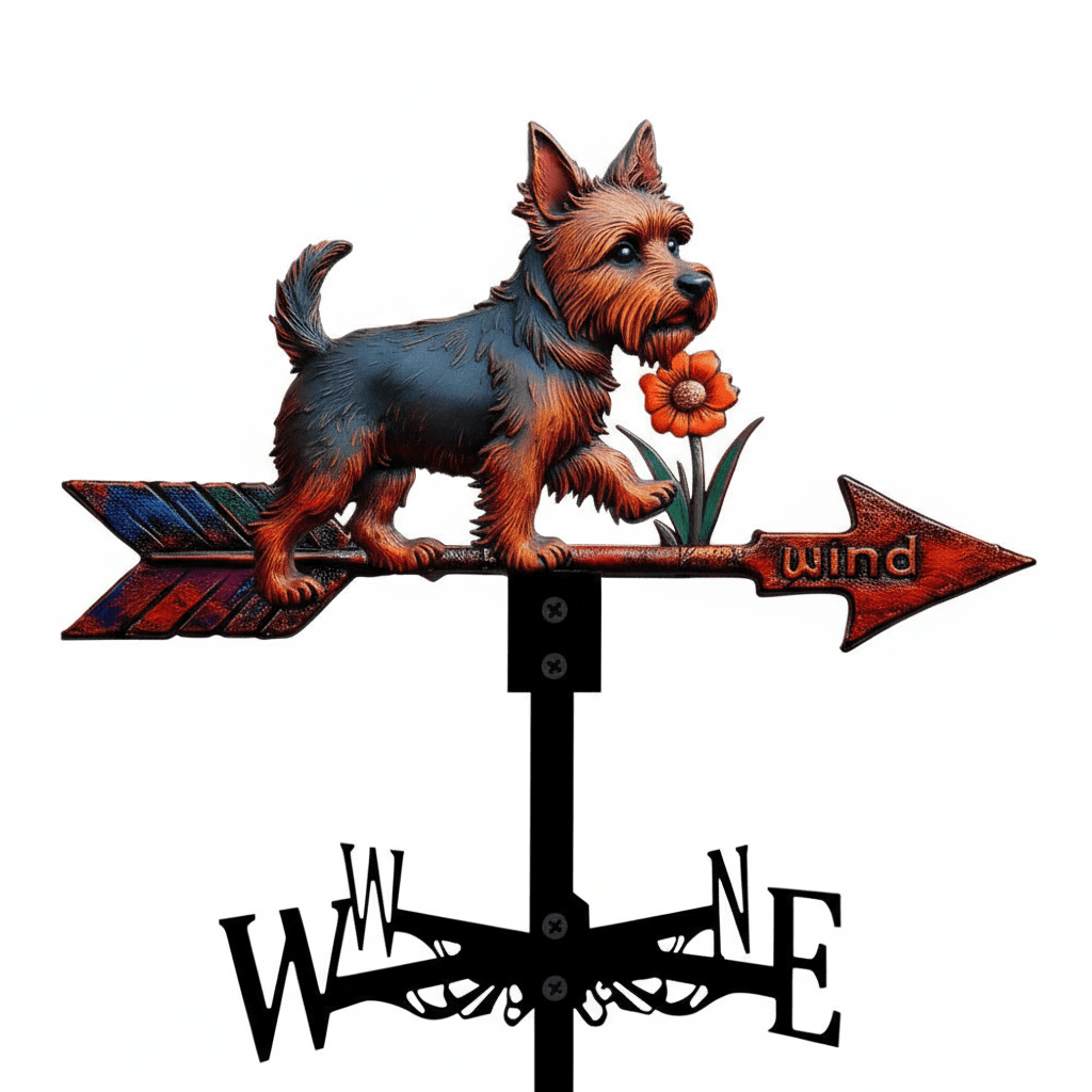 Détail girouette animal Yorkshire métal silhouette chien avec système rotation roulements à billes