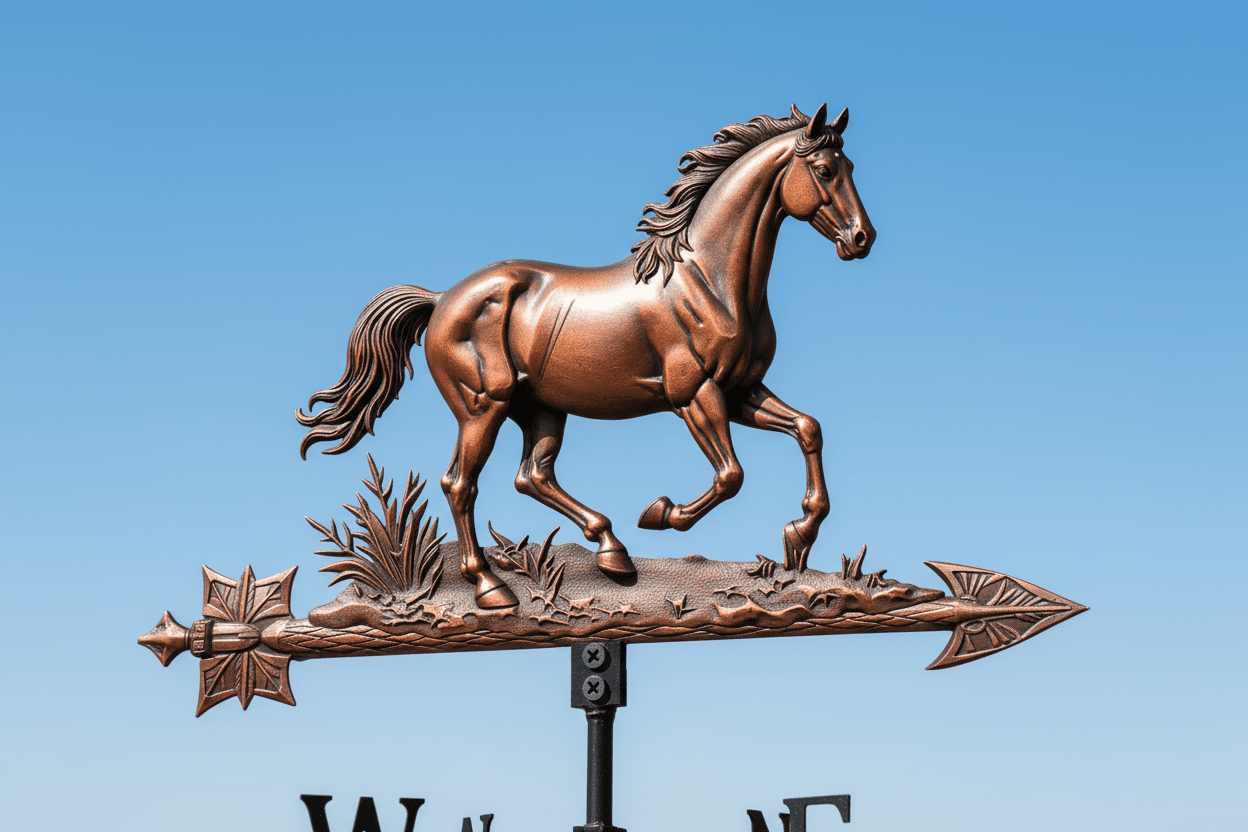 Détail girouette cheval métal avec crinière fluide et système rotation roulements à billes