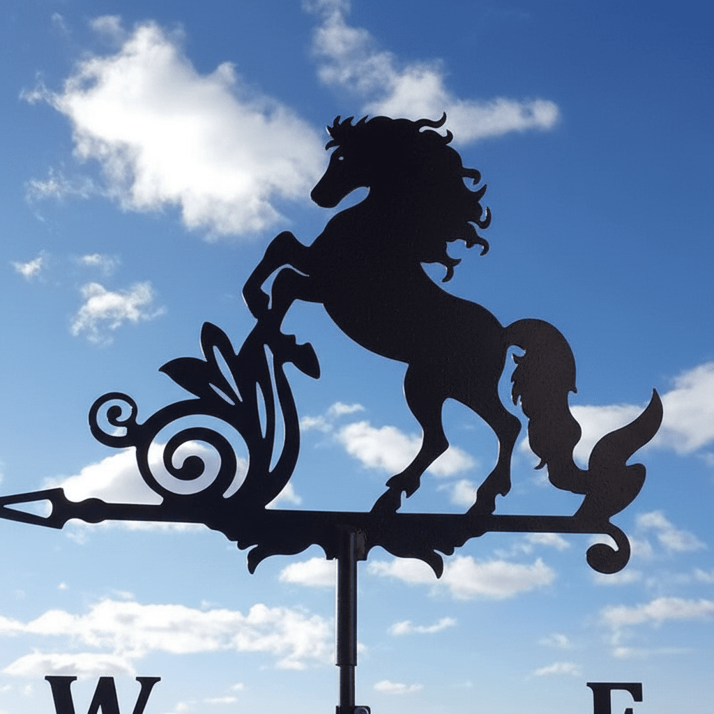Détail girouette cheval métal silhouette équine artistique avec système rotation