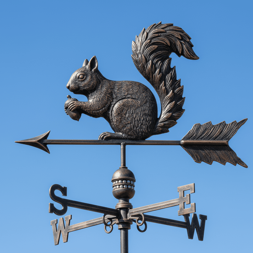 Détail girouette écureuil en métal avec mécanisme de rotation et flèche directionnelle