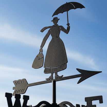Détail girouette de jardin originale Mary Poppins silhouette iconique magique avec système rotation