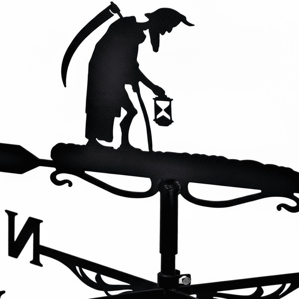 Détail girouette de jardin originale paysan silhouette agricole rustique avec système rotation