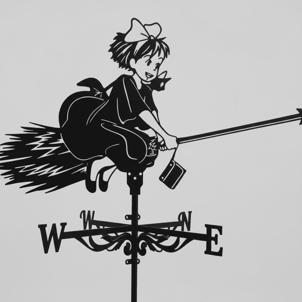 Détail girouette de jardin originale petite sorcière silhouette fantastique enchantée avec système rotation