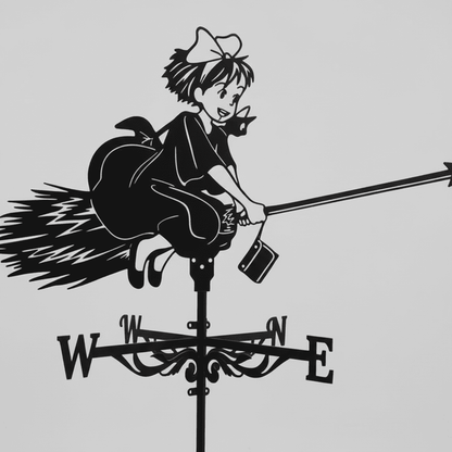 Détail girouette de jardin originale petite sorcière silhouette fantastique enchantée avec système rotation