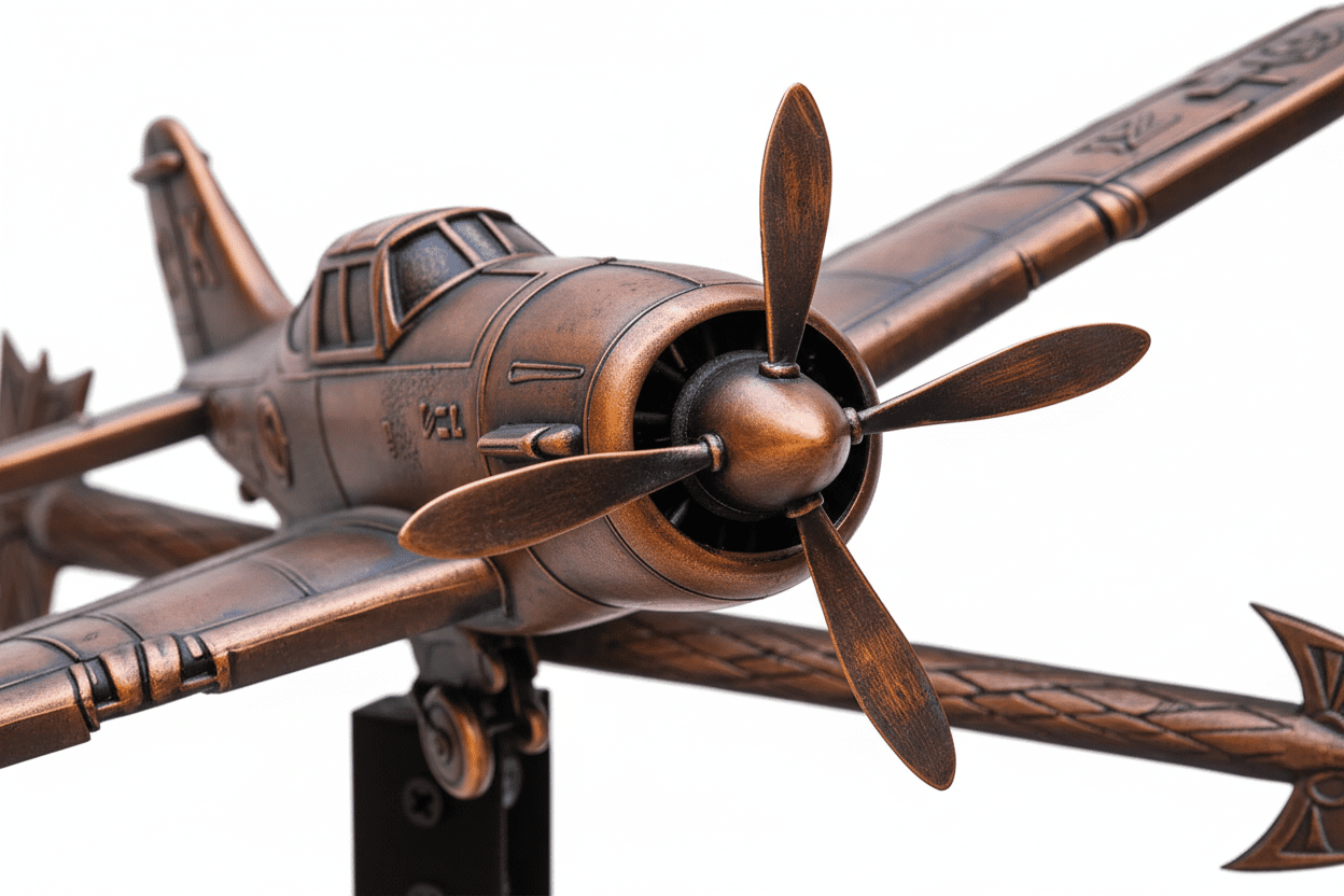 Détail girouette original avion métal avec hélice et système rotation roulements à billes