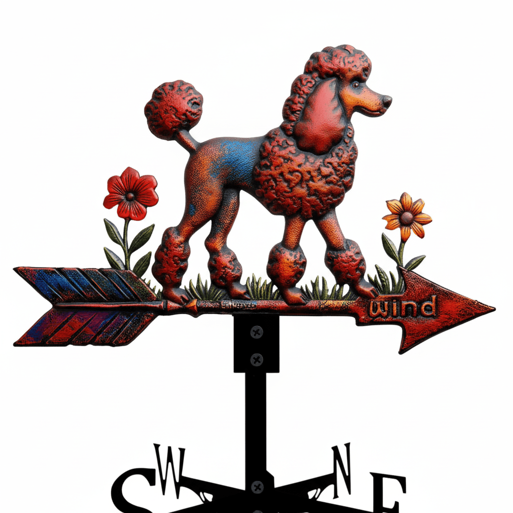 Détail girouette original caniche métal silhouette élégante avec système rotation roulements à billes