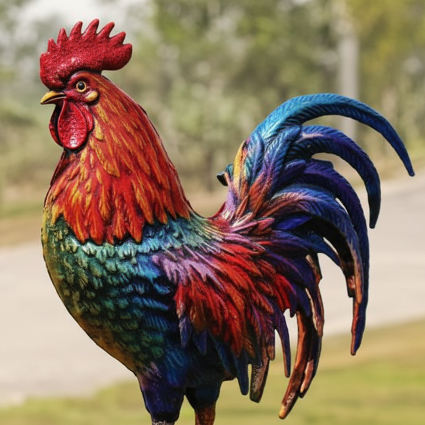 Détail girouette original coq métal couleurs vives avec système rotation roulements à billes