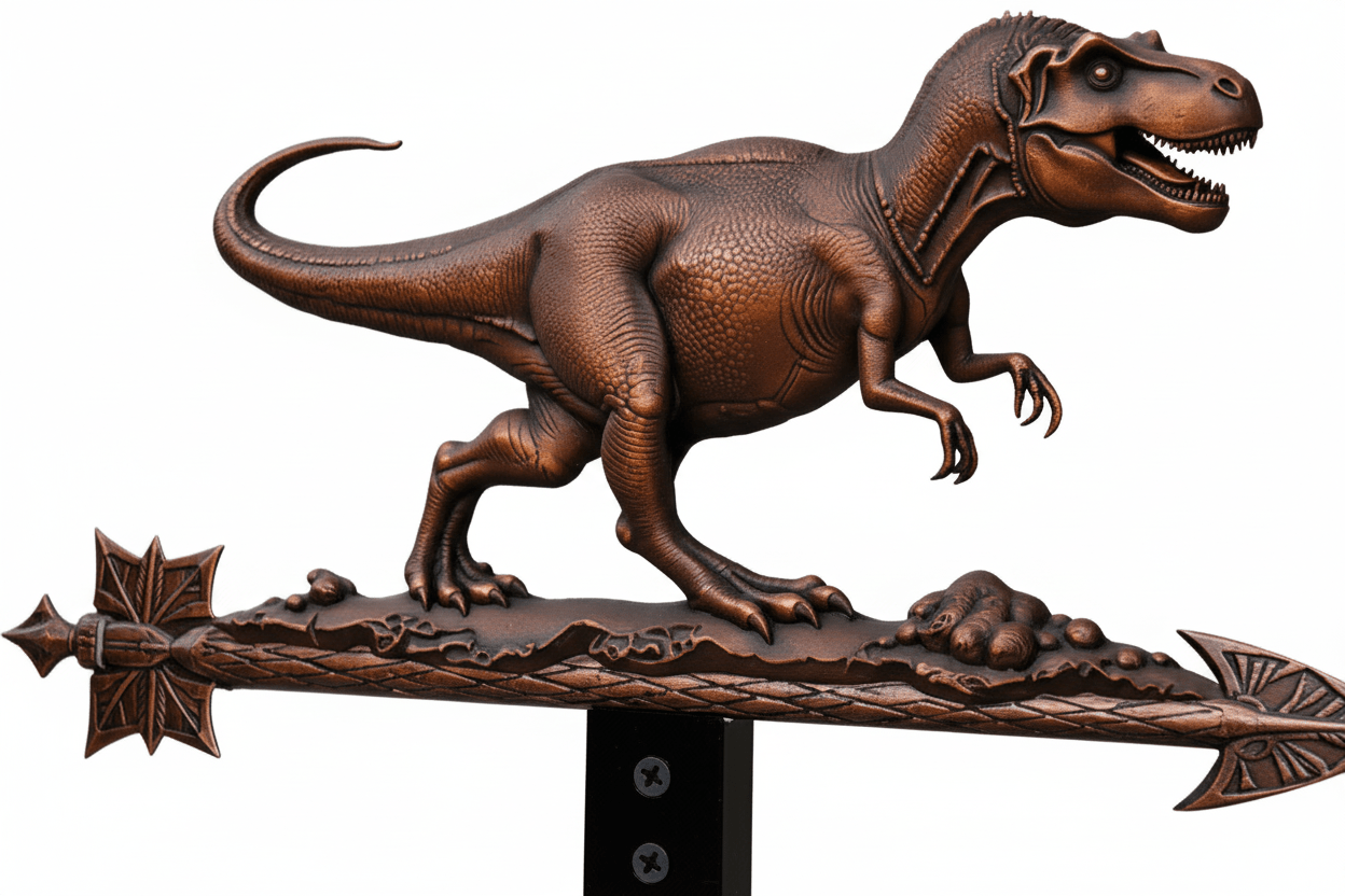 Détail girouette original dinosaure métal silhouette préhistorique avec système rotation roulements à billes