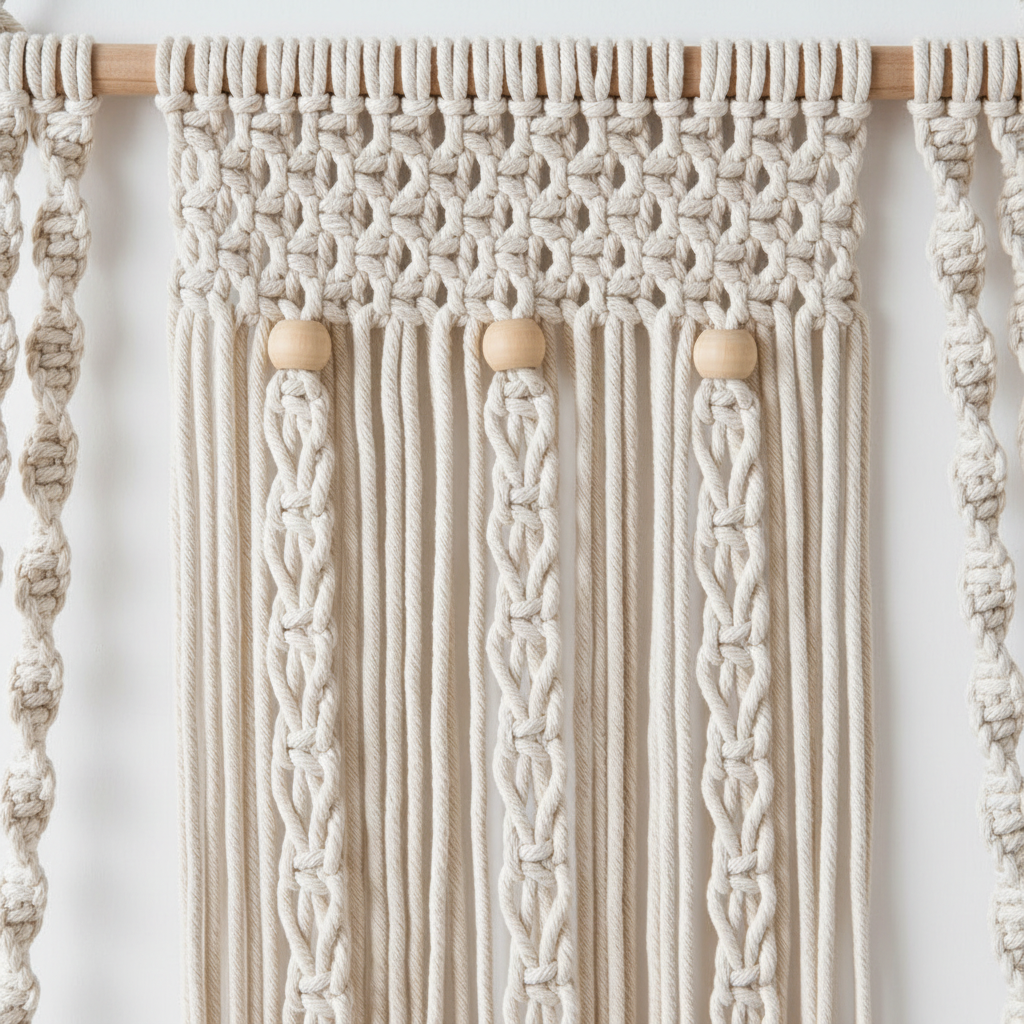 Détail macramé mural moderne motifs géométriques épurés texture coton naturel artisanat contemporain