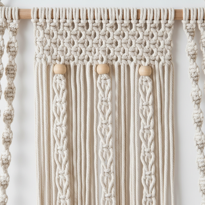 Détail macramé mural moderne motifs géométriques épurés texture coton naturel artisanat contemporain