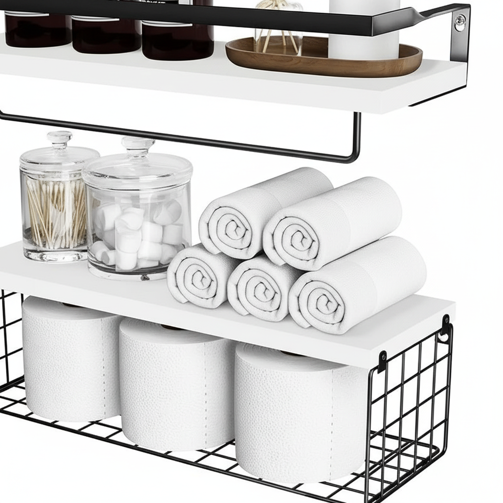 Détail photoréaliste etagere bois paulownia blanc texture lisse garde-corps métallique panier fil