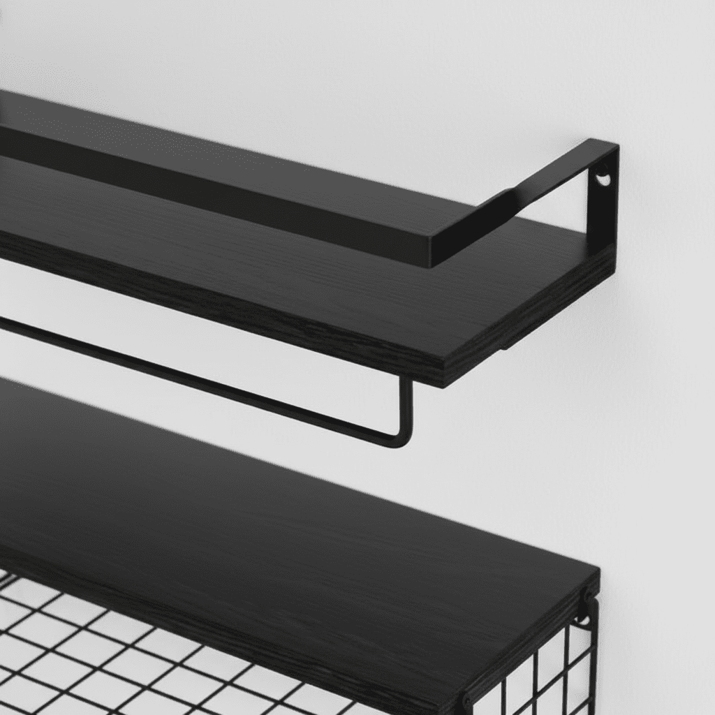 Détail photoréaliste etagere bois paulownia grain naturel garde-corps métallique panier fil