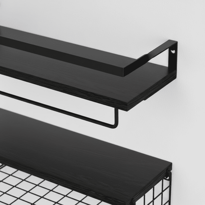 Détail photoréaliste etagere bois paulownia grain naturel garde-corps métallique panier fil