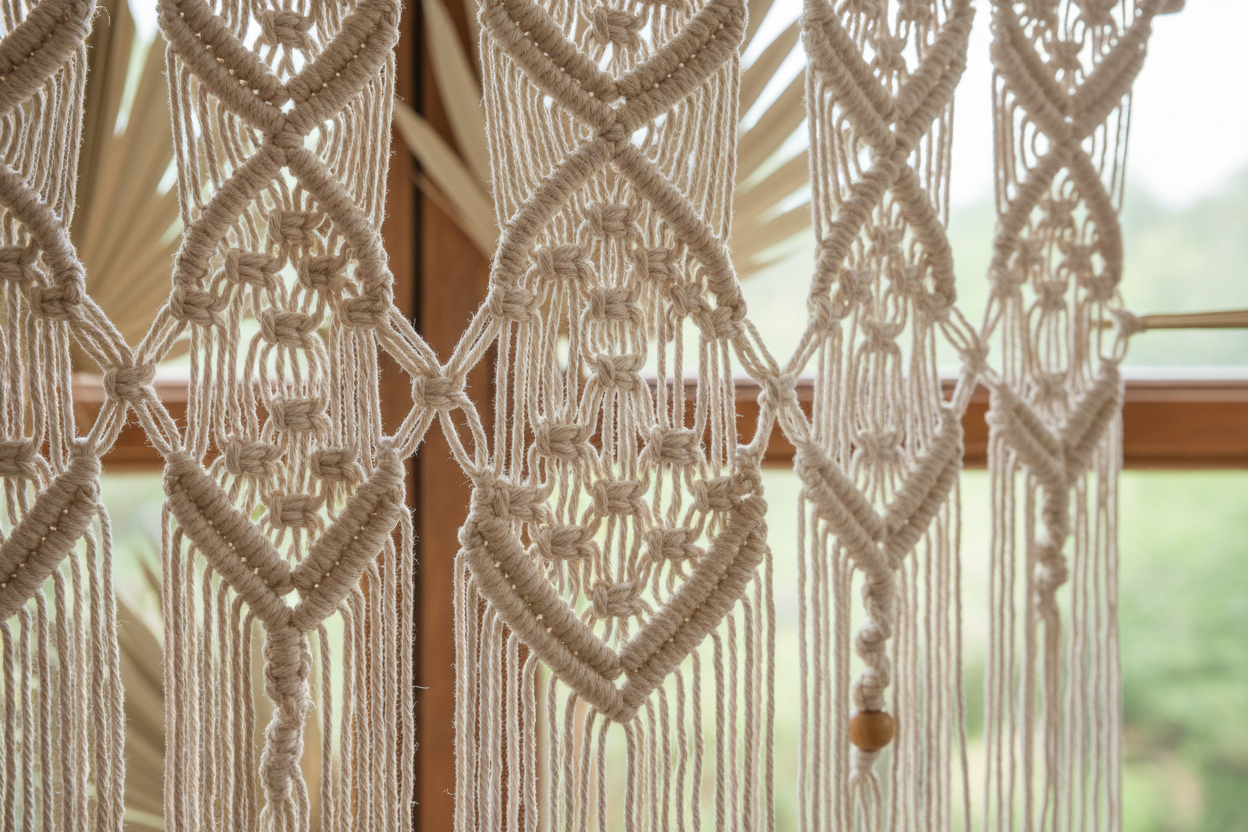 Détail texture rideau macramé - Gros plan motifs noués artisanaux coton naturel tissé main