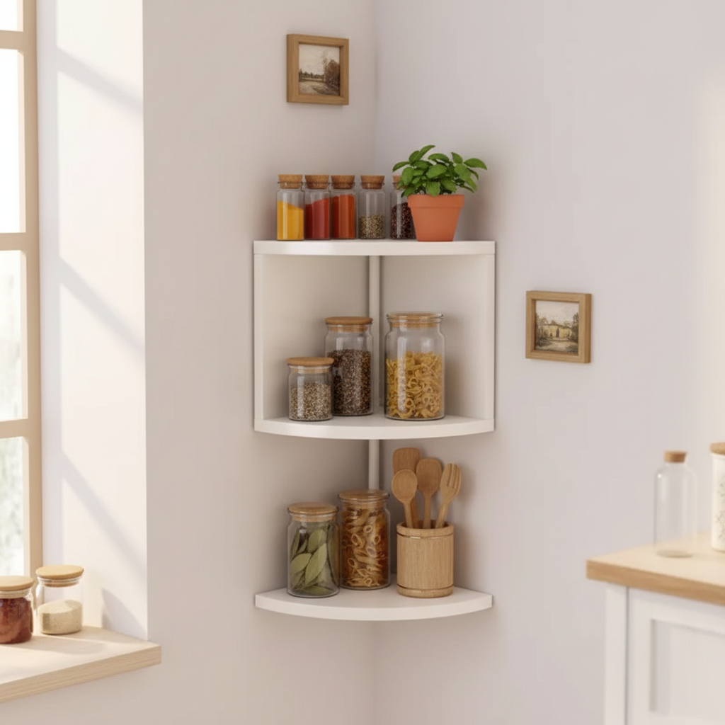 Etagere angle DJ264 bois PVC photoréaliste cuisine épices pots éclairage chaleureux
