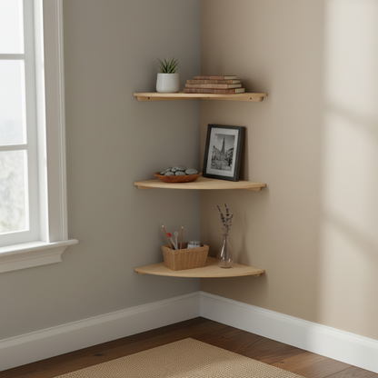 Etagere angle murale 3 pièces pin beige composition verticale coin optimisé