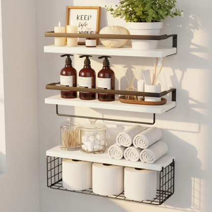 Etagere bois blanc panier fil photoréaliste salle bain minimaliste bougies cosmétiques lumière dorée