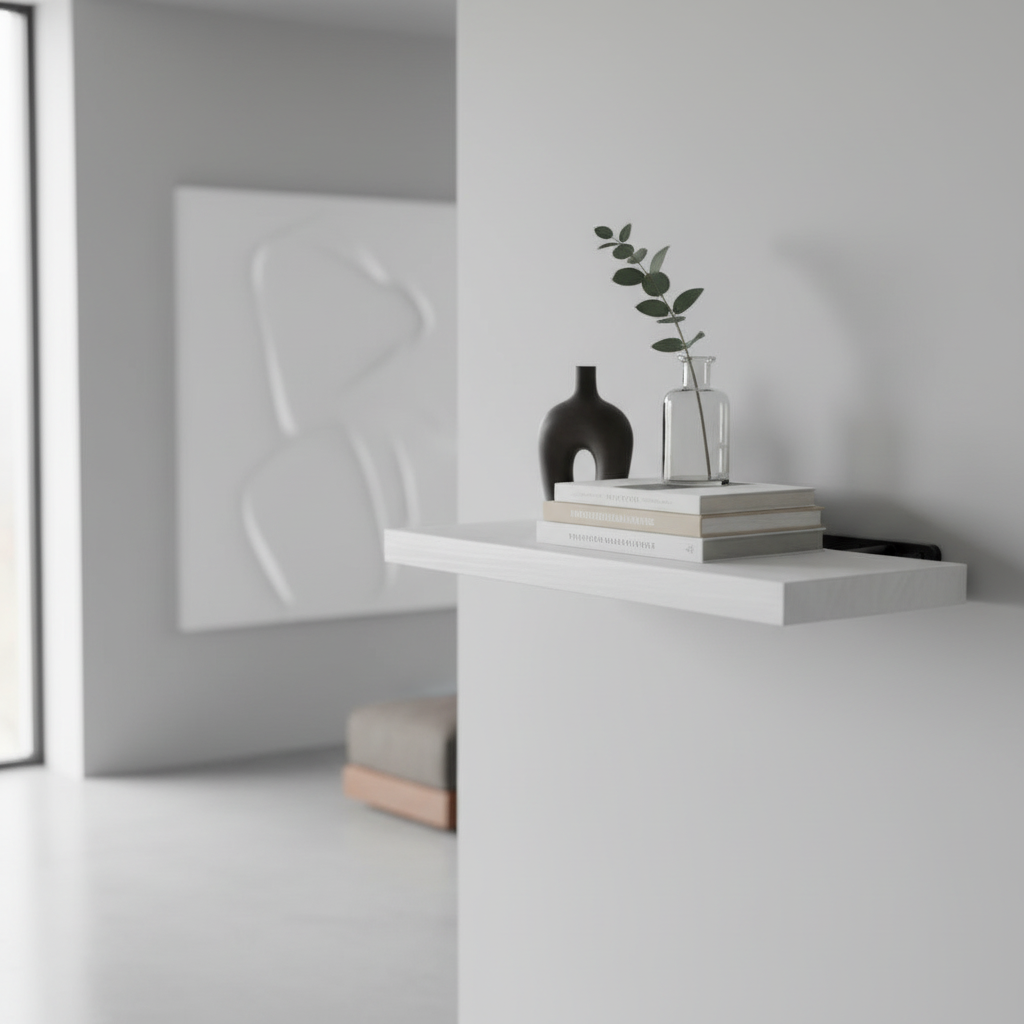 Etagere bois blanc photoréaliste design minimaliste objets décoratifs lumière jour