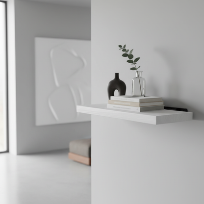 Etagere bois blanc photoréaliste design minimaliste objets décoratifs lumière jour