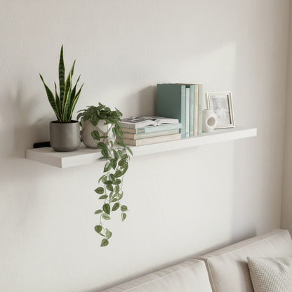 Etagere bois blanc photoréaliste salon avec plantes livres lumière naturelle