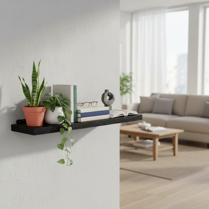 Etagere bois noir photoréaliste salon avec plantes livres lumière naturelle