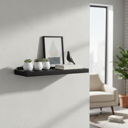 Etagere bois paulownia noir photoréaliste intérieur moderne avec objets déco