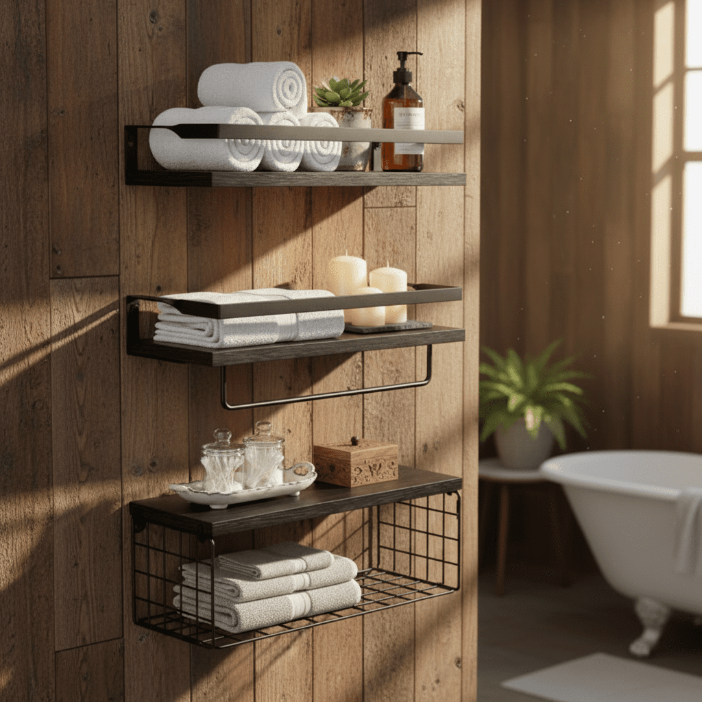 Etagere bois paulownia panier métallique photoréaliste salle bain rustique serviettes bougies