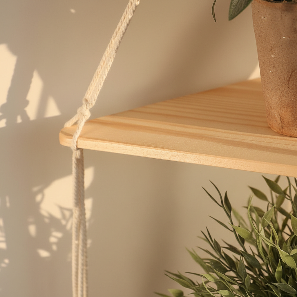 Etagere murale bois naturel grain texture authentique macramé tissé main finition sans chimique