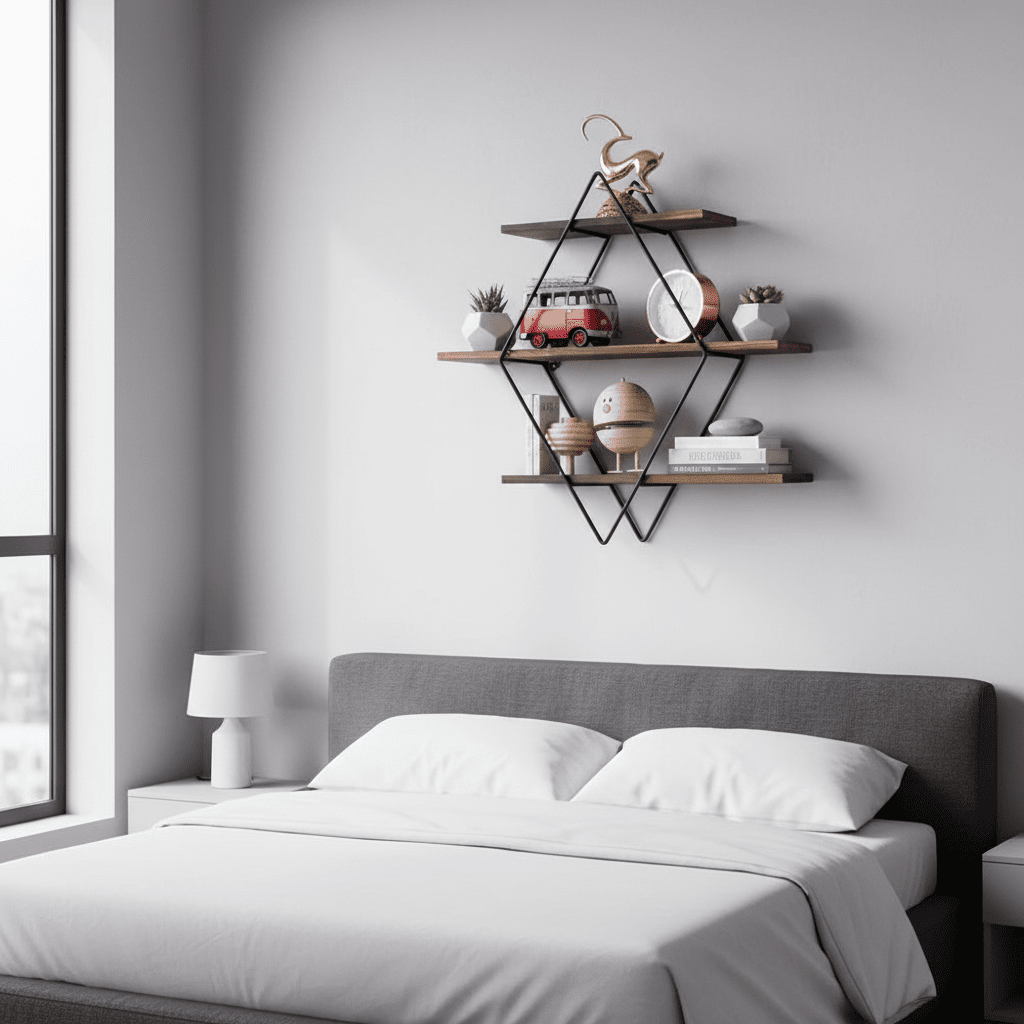 Etagere murale bois naturel pin géométrique diamant 3 niveaux 50cm chambre plantes livres design unique