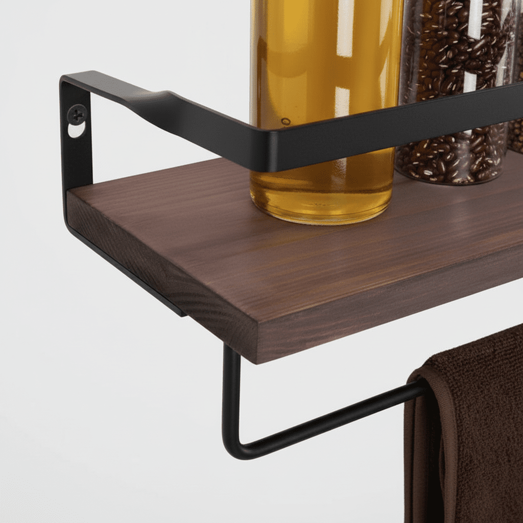 Etagere murale bois naturel pin massif grain texture métal poudré noir construction robuste 10kg