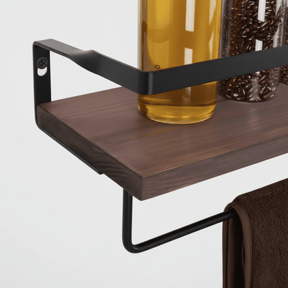 Etagere murale bois naturel pin massif grain texture métal poudré noir construction robuste 10kg