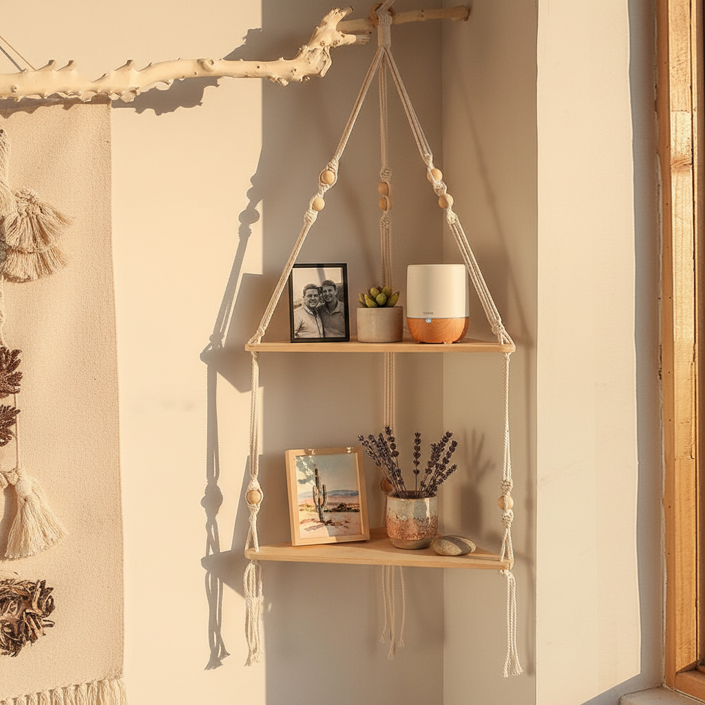 Etagere murale bois naturel triangulaire exposition trésors photos plantes diffuseur objets artisanaux bohème