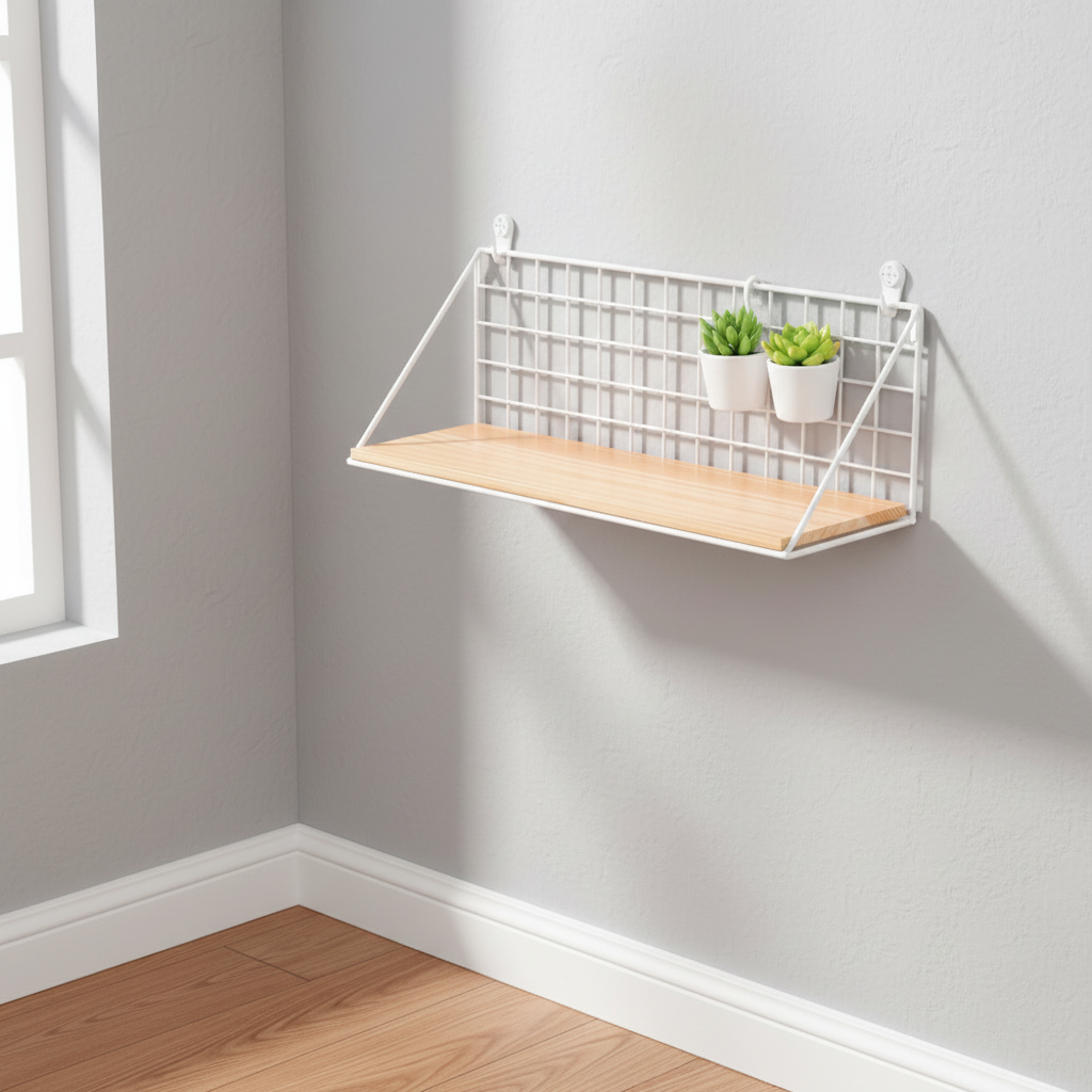 Etagere murale bois triangulaire blanc métal grille rangement industriel intérieur